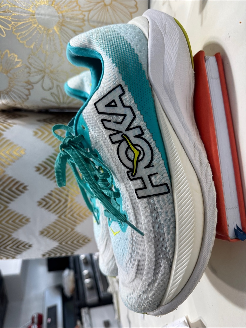 Hoka One One White and Teal Performance Running Shoe